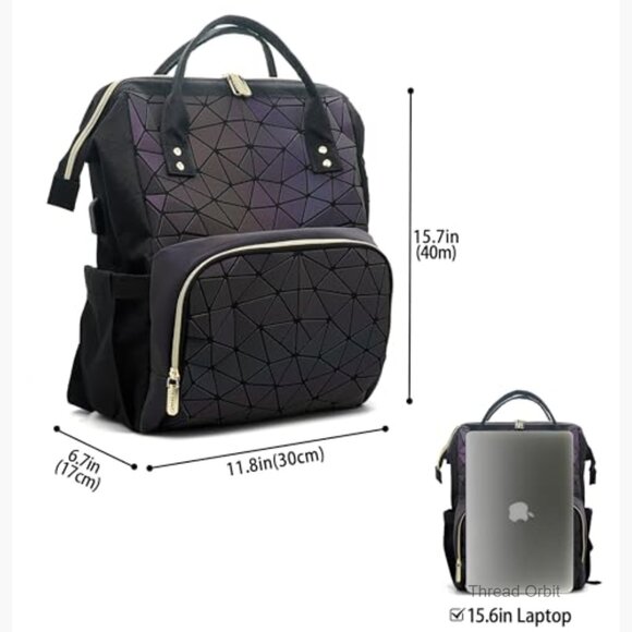 Large Geometric Holographic Backpack with USB Port for Laptop Travel Work